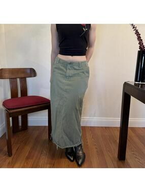 Grunge Khaki Green Maxi Skirt Size 6 w/ Raw Distressed Hem & Back Slit
